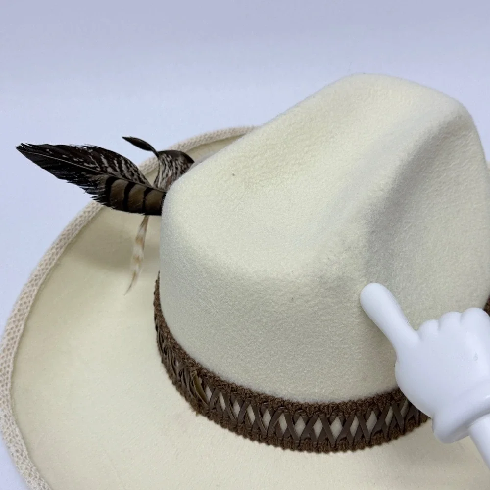 Cream Felt Western Cowboy Hat Feather Accent Lace Trim Brim Festival Boho Ivory